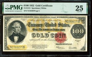 1922 $100 Gold Certificate Fr.  1215 Vf25 Pmg 8078930 - 011