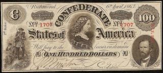 1863 $100 Dollar Confederate States Currency Civil War Note Paper Money T - 56 Au
