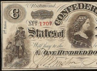 1863 $100 DOLLAR CONFEDERATE STATES CURRENCY CIVIL WAR NOTE PAPER MONEY T - 56 AU 3