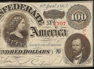 1863 $100 DOLLAR CONFEDERATE STATES CURRENCY CIVIL WAR NOTE PAPER MONEY T - 56 AU 4