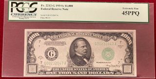 1934 A $1000 Federal Reserve Note Pcgs Currency 45ppq Serial G 00232847 A