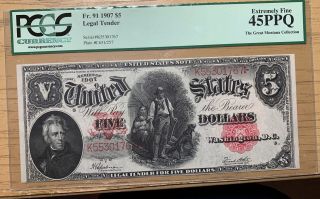 1907 $5 Legal Tender Note “ Woodchopper” Fr 91 Pcgs 45ppq The Great Montana Col.