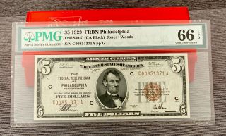 1929 $5 Federal Reserve Bank Note Of Philadelphia Fr 1850 - C Pmg 66 Gem Unc Epq