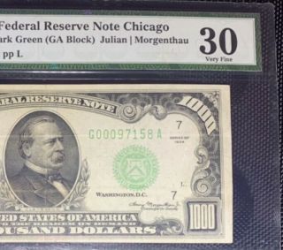 $1000 Pmg Vf30 1934 Chicago Federal Reserve Note One Thousand Dollars Fr.  2211 - G