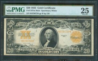 $20 Gold Certificate,  Series 1922 Mule,  Pmg Very Fine 25