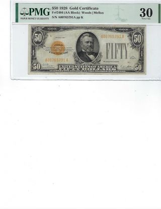 1928 $50 Gold Certificate Fr2404 Pmg 30 Vf Woods/mellon