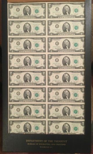 1976 Uncut Uncirculated Sheet Of 16 Star $2 Two Dollar Bills Usa Currency Notes