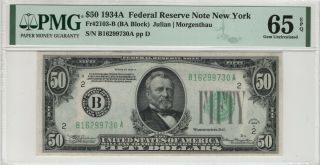 1934 A $50 Federal Reserve Note York Fr.  2103 - B Pmg Gem Unc 65 Epq (730a)