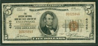 $5.  00 National Bank Note Citizens Nb Englewood Jersey 1929,  Fr.  1800 - 1 Fine