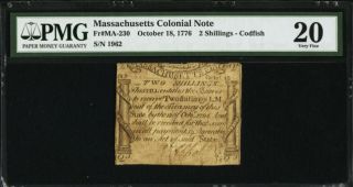 Massachusetts Colonial Note Fr Ma - 230 Pmg 20 Paul Revere Codfish 9 Known