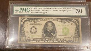 San Fran 1934 $1000 One Thousand Dollar Bill Fr.  2211 Light Green Low Serial