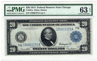 1914 $20 Chicago Federal Reserve Note Fr.  991a Pmg Chcu 63 Epq Y00007610