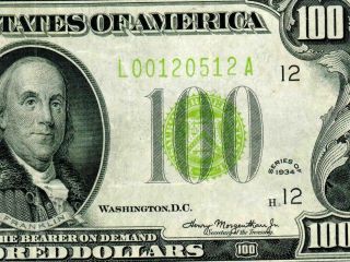 $100 1934 Lgs Lime ( (light Green Seal))  Federal Reserve Note Paper Currency