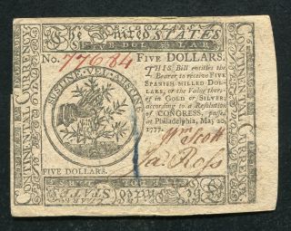 Cc - 66 May 20,  1777 $5 Five Dollars Continental Currency Note Uncirculated