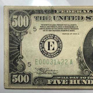 $500 Bill.  Five Hundred Dollar Federal Reserve Note Series 1934 A E Richmond Va 2