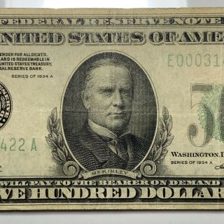 $500 Bill.  Five Hundred Dollar Federal Reserve Note Series 1934 A E Richmond Va 3
