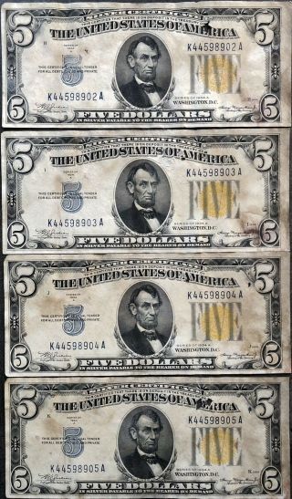 4x 5 Dollar 1934 A Silver Certificate North Africa Yellow Consecutive 14427