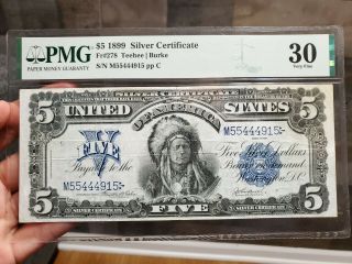 Series 1899 $5 Silver Certificate " Chief " Pmg 30 Vf Fr278 [teehee/burke]