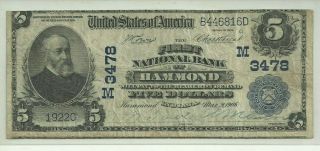 1902 $5.  00 National Currency " Hammond Ind.  " Circulated Looking Note