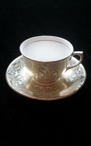 Vintage Colclough English Bone China Tea Cup & Saucer Gold Floral On Pale Blue