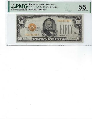 1928 $50 Gold Certificate Fr2404 Pmg 55 Au Woods/mellon