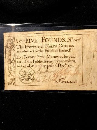 Colonial Currency 1771 North Carolina Five Pds Drum Cannon Flags Only 2000 Minte