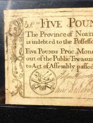 Colonial Currency 1771 North Carolina Five Pds Drum Cannon Flags Only 2000 Minte 3