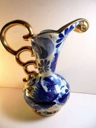 H.  Bequet Made In Belgium Quaregnon Blue & White Ewer / Vase Gold Trim 323