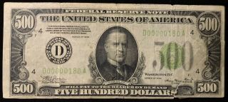 1934 $500 Dollars Federal Reserve Note - Lgs Low Serial 180 High Denom - Ca639