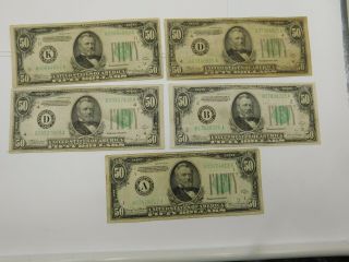 Complete Series 1934 $50 Dollar Federal Reserve Notes (5 Notes) (77)