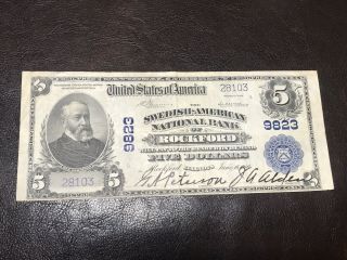1902 $5 National Bank Note Pb Swedish - American National Bank Of Rockford Ch 9823