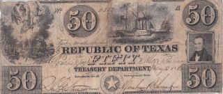 1840 $50 Republic Of Texas Rising Note Large Currency Old Paper Money Austin