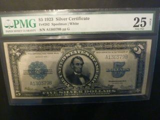 1923 $5 Silver Certificate Lincoln Porthole Pmg Vf 25 Us Note