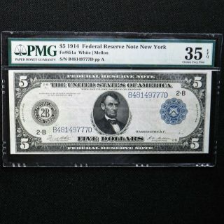 1914 $5 Frn York,  Fr 851a,  Pmg 35 Epq,  Choice Very Fine,  White/mellon