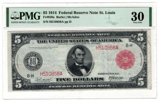 1914 $5 Red Seal St.  Louis Federal Reserve Note Fr 839a Pmg Vf - 30 Y00007567