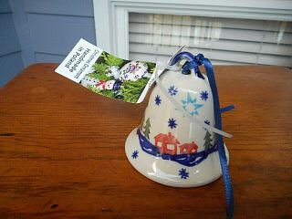 Polish Pottery Hand Painted Bell With Houses Christmas Ornament