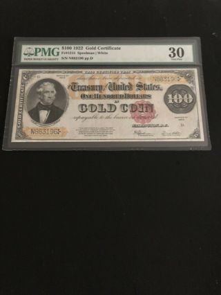 1922 - $100 Gold Certificate - Pmg 30.  Fr 1215.  It Was Under - Graded Due To Minor Rp