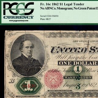 Pcgs Graded Fr.  16c 1862 $1 Legal Tender One Dollar United States Large Size 8490
