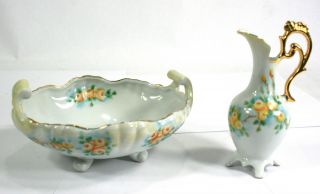 2 Piece Set - Porcelain Footed Pitcher Dish Hand Painted - Artist (eneb) (eenb)