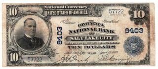 1902 Bs $10 The Continental Nb Of Salt Lake City,  Utah.  Ch 9403.  Vf.  Y00001343