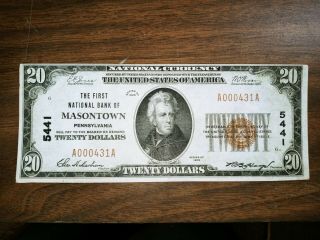 1929 Masontown Pa National Bank Note Type 1 $20 Charter 5441