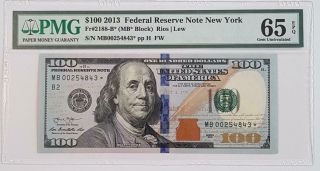 Scarce Uncirculated 2013 $100 Ny Star Note.  Pmg 65epq Only 256k Print