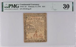 Continental Currency Fr Cc - 22 Feb.  17,  1776 $2/3 Pmg 30 Adam Hubley Signature Pq