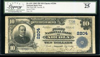 1902 $10 National Bank Note First Nb Of Arcola,  Il Fr.  631 Ch.  2204 Vf25 7798d