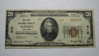 $20 1929 Aurora York Ny National Currency Bank Note Bill Ch.  412 Vf,