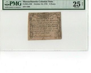 Colonial Currency Ma - 226 1776 Massachusetts 8d Engraved By Paul Revere