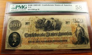 1862 - 63 $100 Dollar Confederate Csa Note T - 41 Pmg Au58 Net Choice S 2230