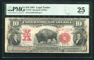 Fr.  122 1901 $10 Ten Dollars " Bison " Legal Tender United States Note Pmg Vf - 25