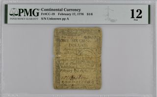 Continental Currency Fr Cc - 19 Feb.  17,  1776 $1/6 Pmg 12 Problem Fugio Note