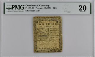 Continental Currency Fr Cc - 22 Feb.  17,  1776 $2/3 Pmg 20 Problem Fugio Note